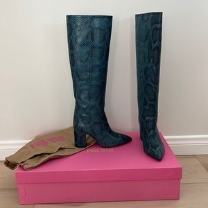 Paris Texas Teal Snake Print Heeled Boots
